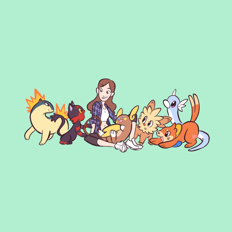 A drawing of Riley J. Dennis surrounded by Pokemon.